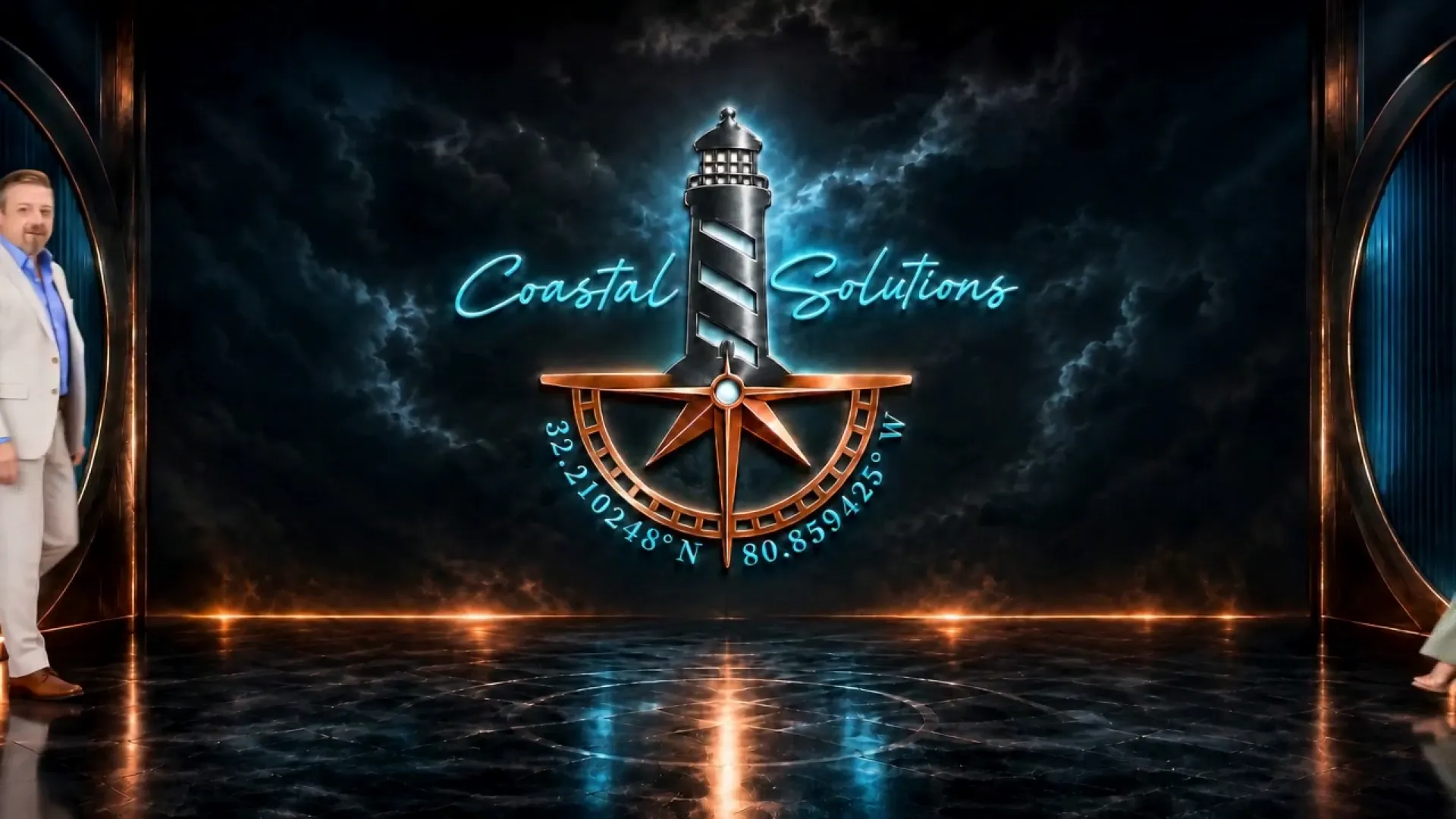 The Coastal Solutions Media lighthouse and compass emblem lit on a dark stage, the set of the company brand film
