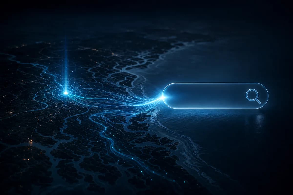 A search signal crossing a dark coastline toward a single result