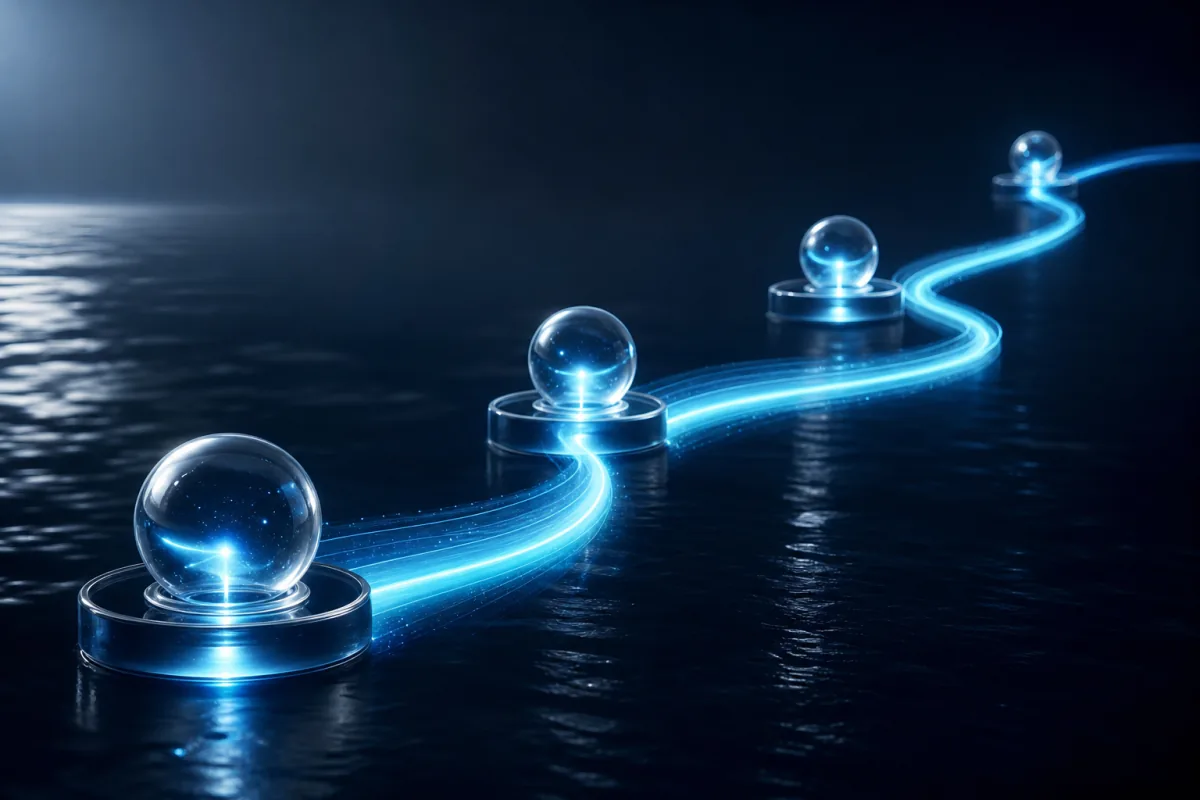 Glass stations joined by a single line of light across dark water