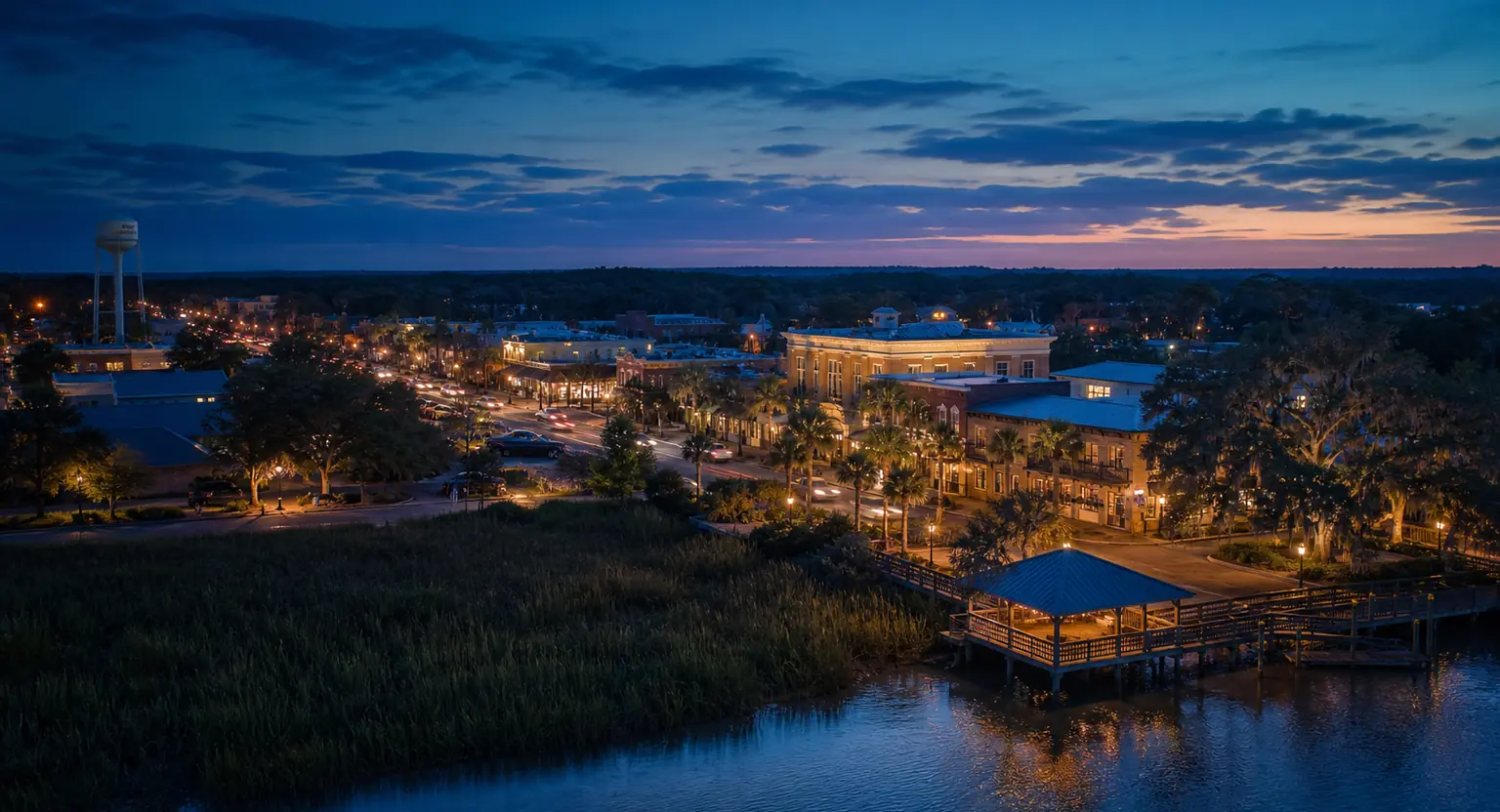 Hardeeville SC Local Business Growth, Digital Marketing, and AI Automation Blue-hour Lowcountry town and marsh scene representing local business growth in Hardeeville, South Carolina