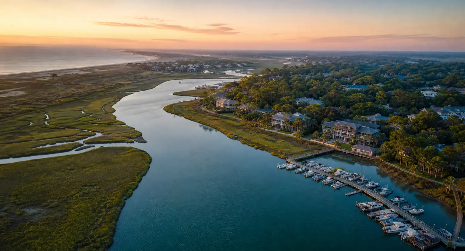 Hilton Head Island SC Local Business Marketing and Automation Aerial coastal island, tidal creek, marina, and salt marsh representing Hilton Head Island, South Carolina
