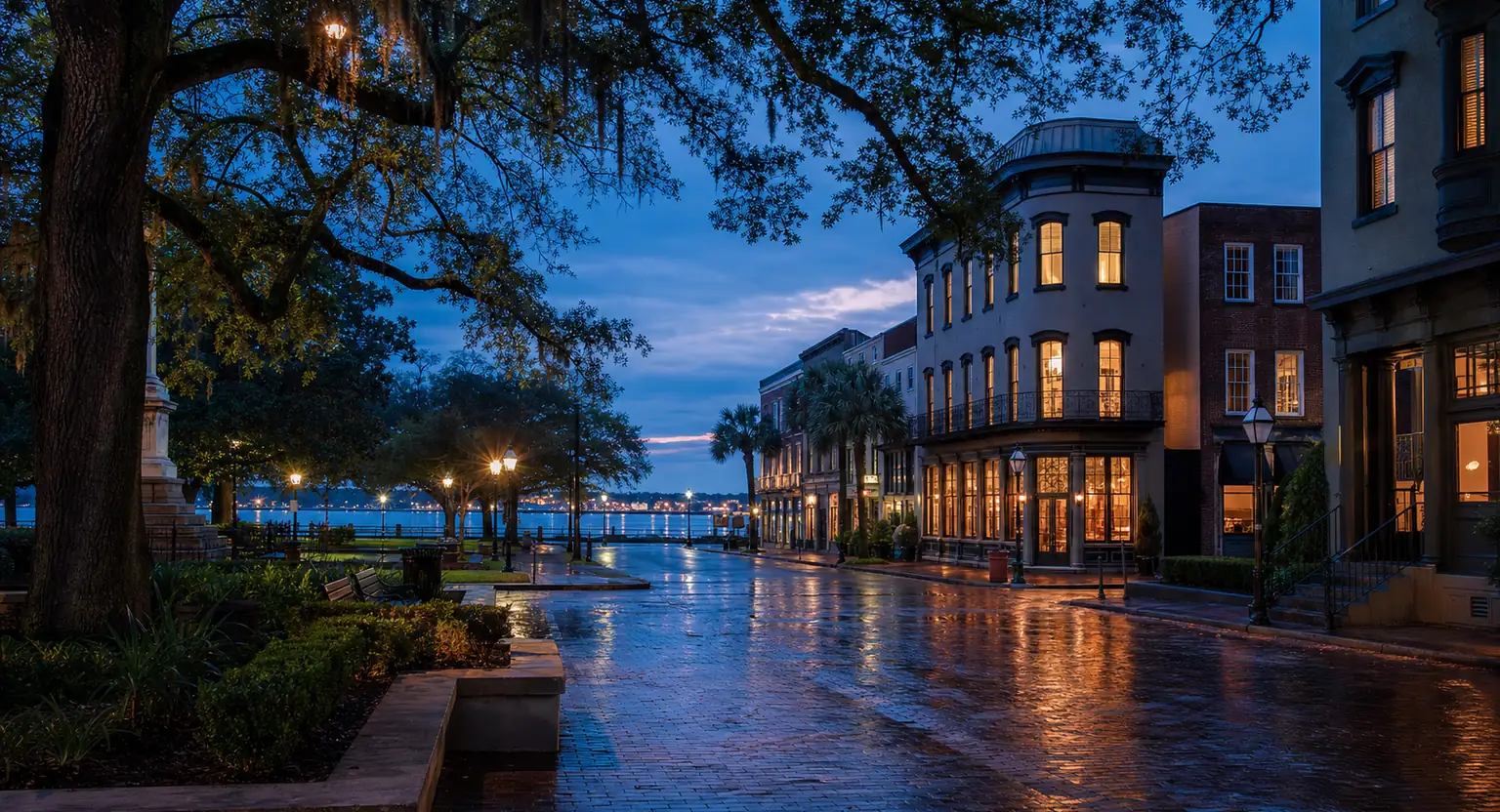 Blue-hour historic district, live oaks, brick streets, and riverfront representing Savannah, Georgia