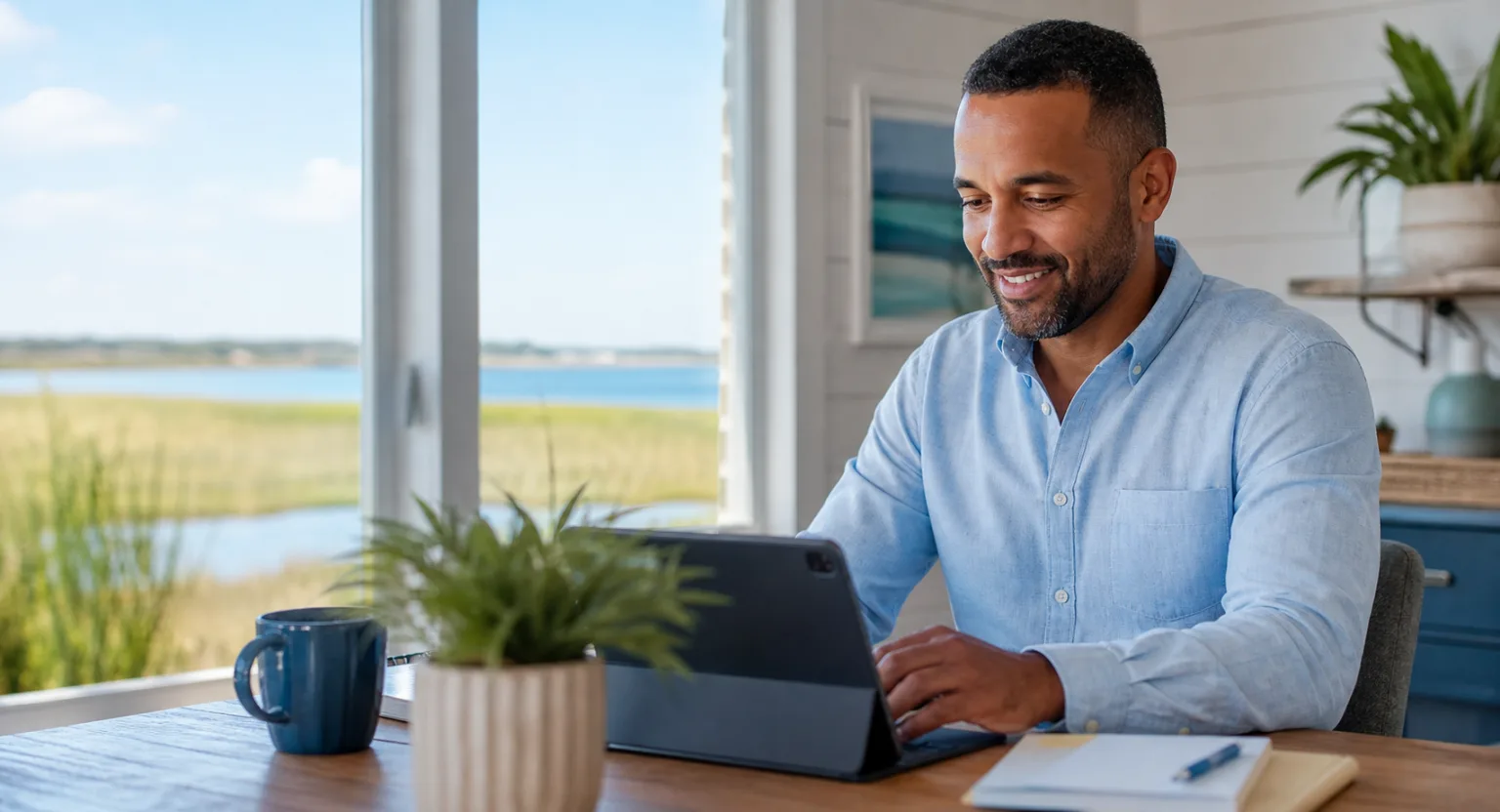 Hardeeville Lowcountry Service Business AI Automation and CRM Strategy by Coastal Solutions Media Hardeeville Lowcountry service business owner reviewing CoastaFlow CRM and AI automation opportunities with Coastal Solutions Media